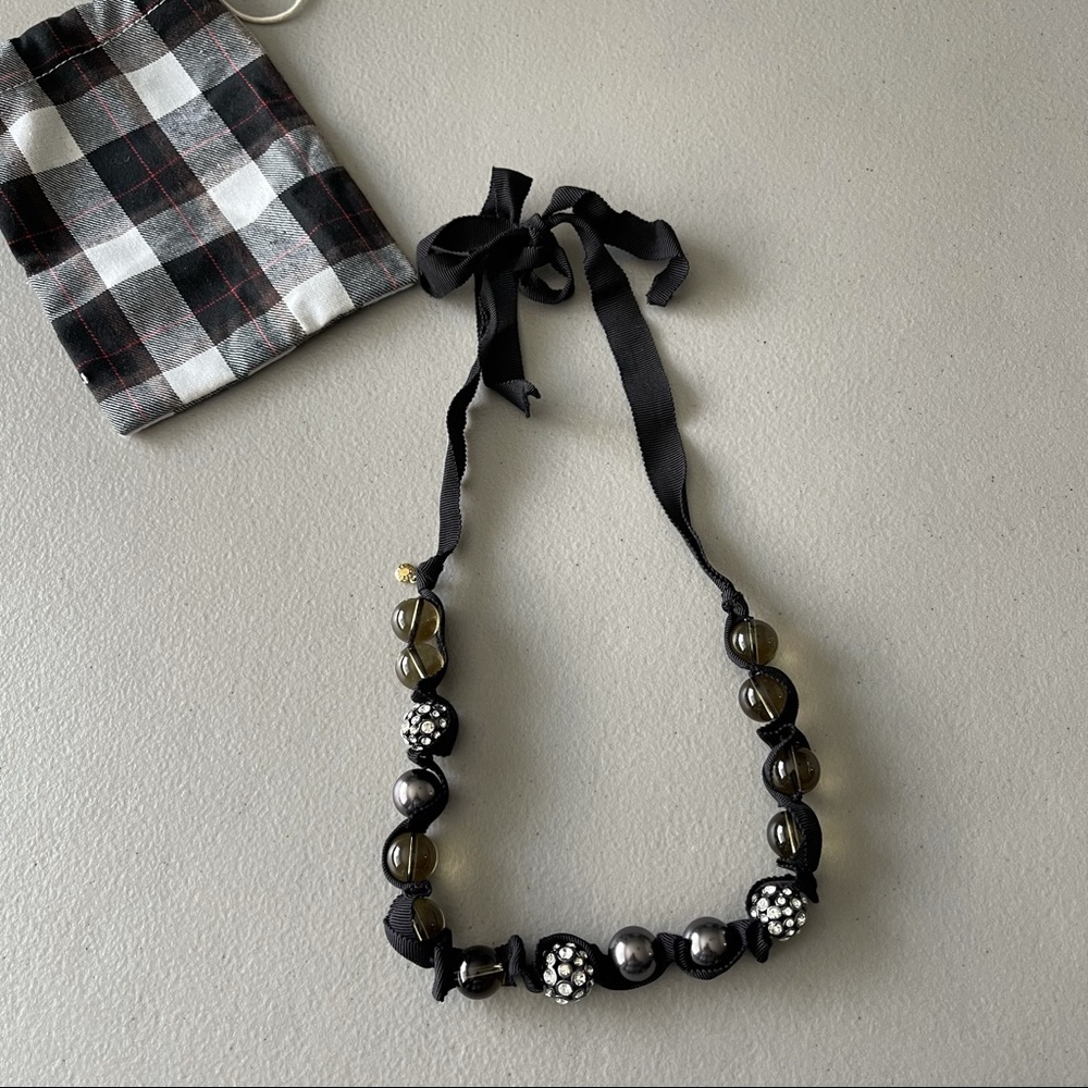 J. CREW BLACK RIBBON BEADED TIE NECKLACE W/ RHINESTONES SIGNED
